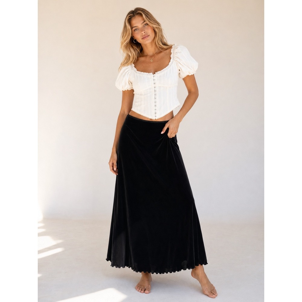 Vintage Max Mara Studio Velvet Midi Skirt Womens 10 Black Lettuce Edge Luxury
